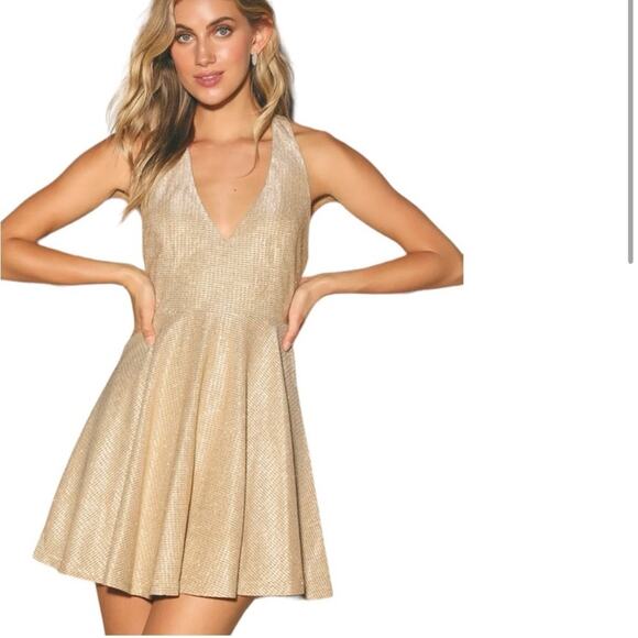 NEW Lulus Apryl Mae Gold Skater Dress Size Small - Picture 2 of 12